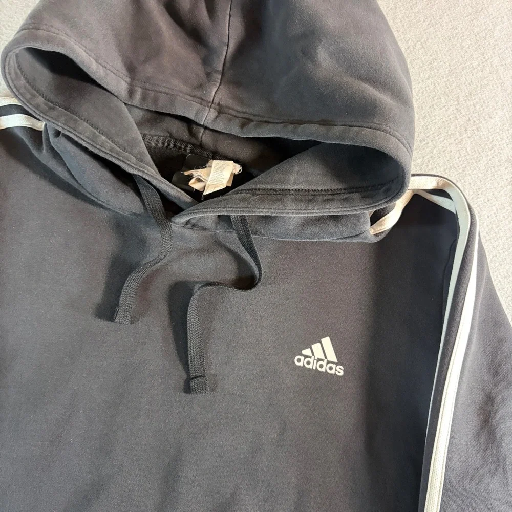 Adidas Mens Essentials 3-Stripe Pullover Hoodie Black White Logo Fleece